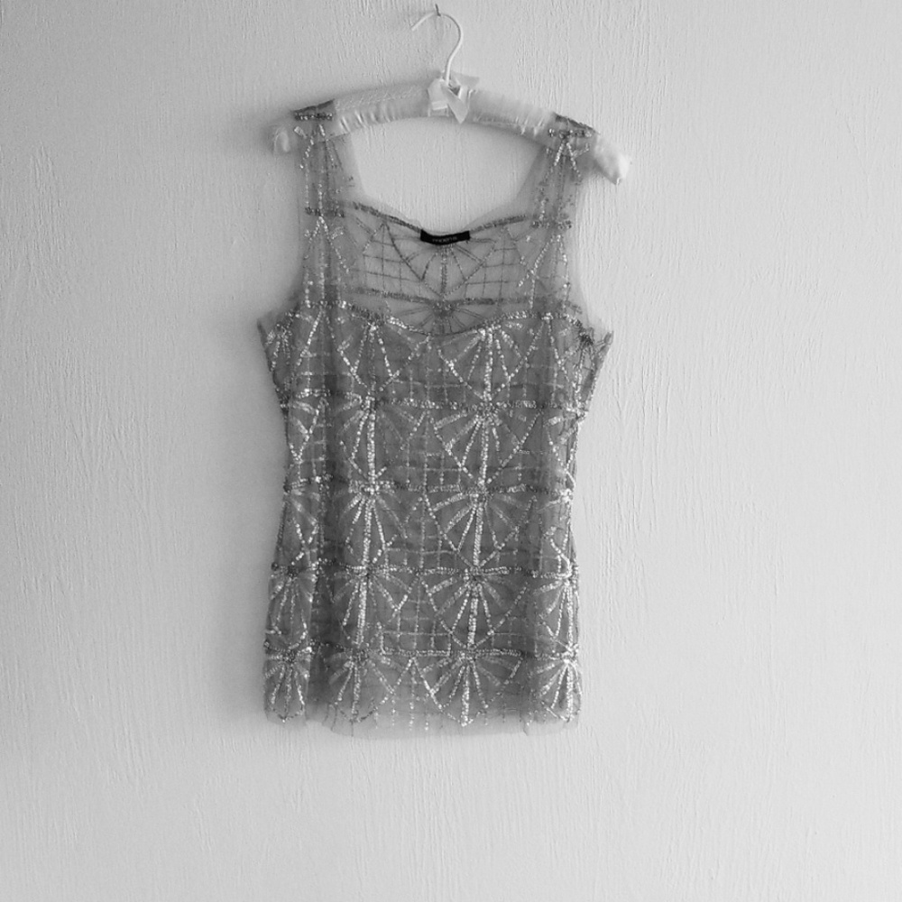 Arden B.beaded sheer top sz.Medium smoke gray